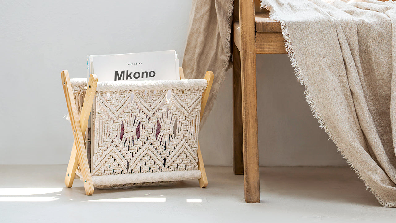 Mkono Macrame Magazine Rack Boho Storage Holder Standing Basket for Books, Newspapers, Swaddle Blanket, Dorm Essentials, Living Room, Bathroom, Office, Nursery, Home Decor, Small Size, 11.2”L x 7.5”W