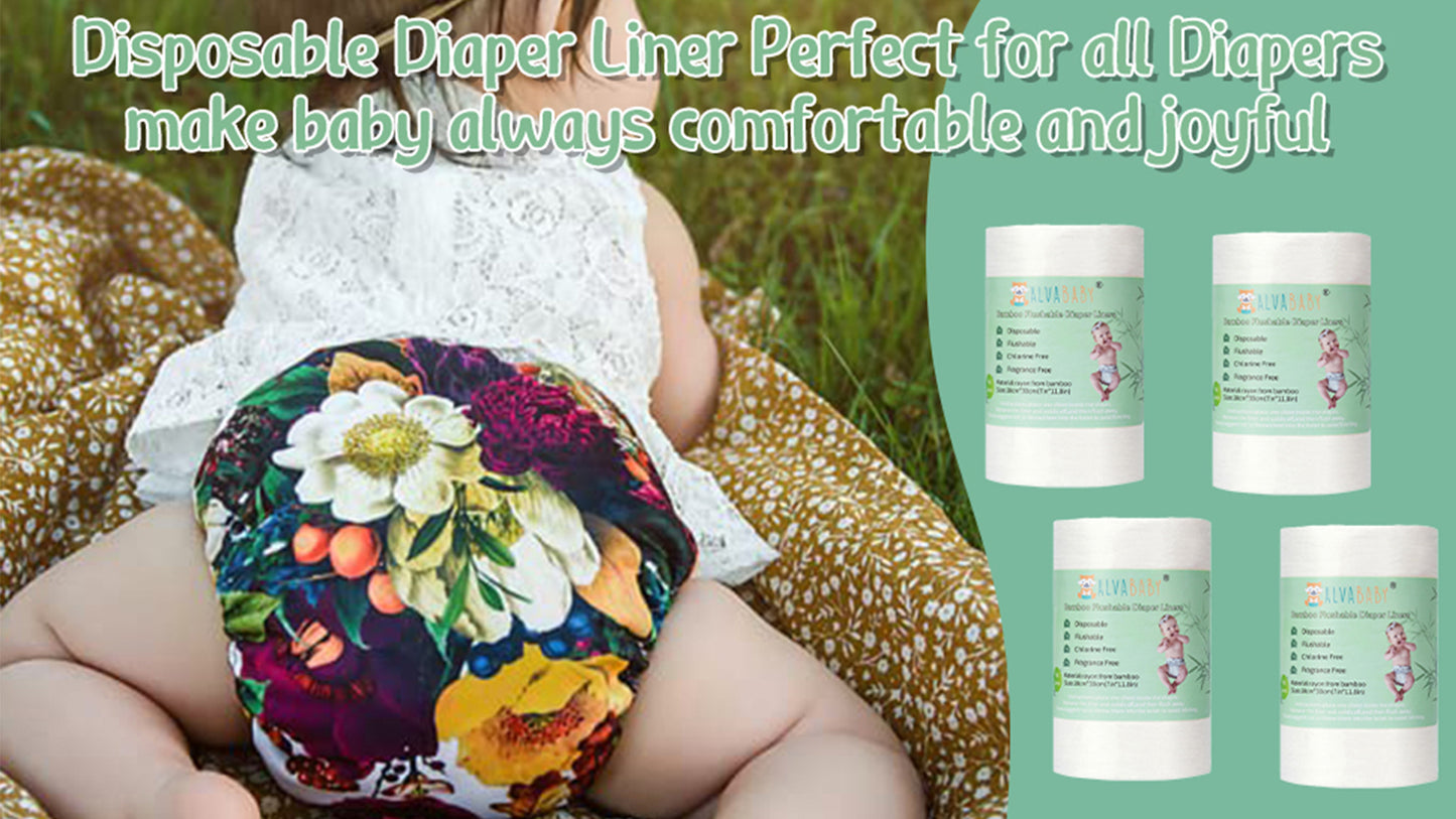 ALVABABY Diaper Liners 4 Rolls for Baby Cloth Diaper 11.8 x 7.1 Inch Disposable Natural Soft Compostable Fragrance Free and Chlorine Free 400 Sheets