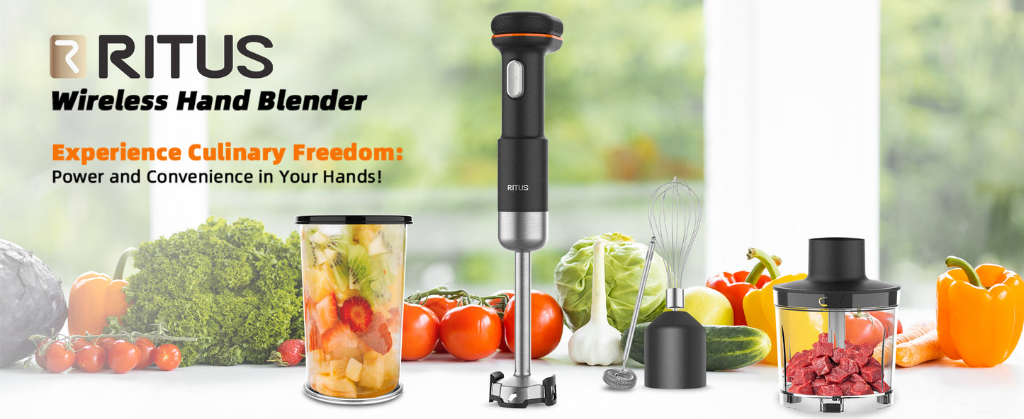 Ritus Cordless Immersion Blender, 5 in 1 Portable Hand Blender Heavy Duty Motor, Variable Speed Handheld Blender Stainless Steel Blade With 700ml Mixing Beaker, 500ml Chopper, Whisk and Milk Frother