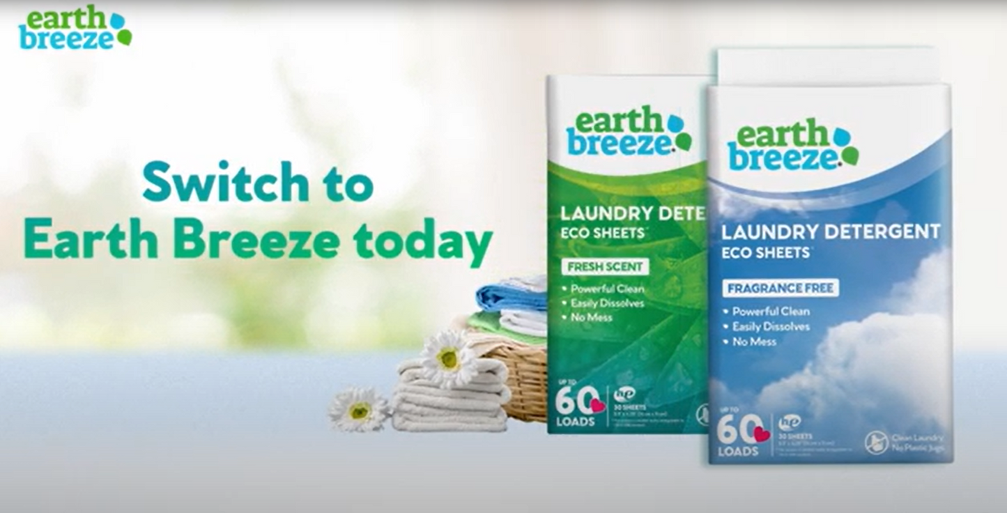 Earth Breeze Laundry Detergent Sheets Fresh Scent - 60 Loads No Plastic Jug Concentrated Laundry Detergent 30 Sheets