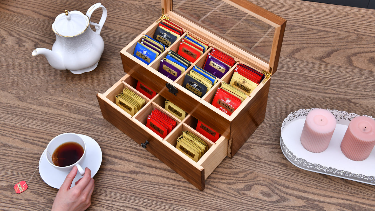 WELLAND Tea Box for Tea Bags Organizer, Tea Storage Chest with Clear Acrylic Window, 2-layer 14 Compartments Large Tea Organizer, Gift Idea