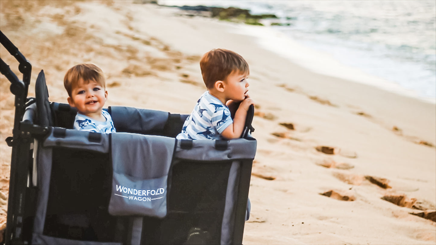 WONDERFOLD W2 Original Double Stroller Wagon Featuring 2 High Seats with 5-Point Harnesses, Easy-Access Front Zipper Door, and Removable UV-Protection Canopy, Black