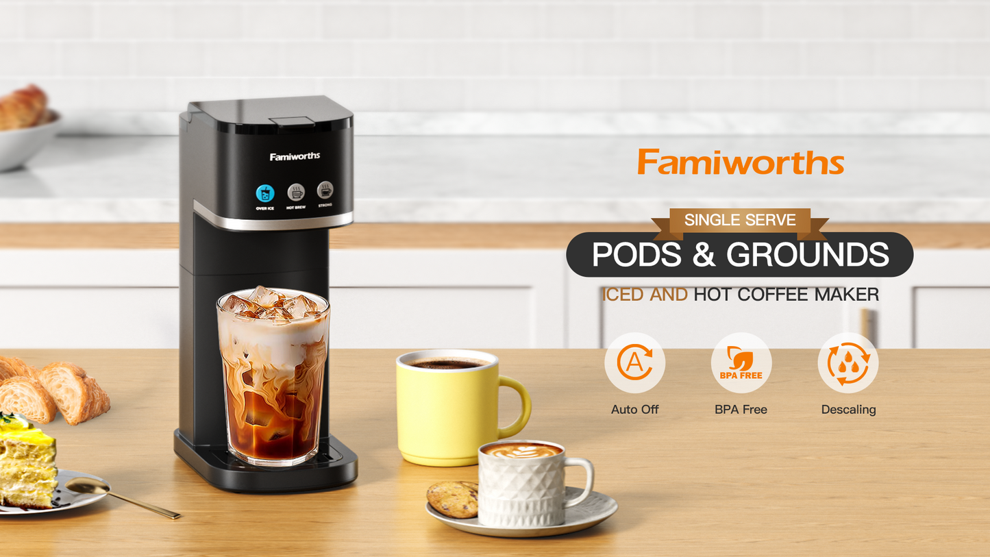 Famiworths Single Serve Coffee Maker, Iced and Hot Coffee Machine for K Cup & Ground Coffee, 6 to 16 Oz Brew Sizes, Fit 8.5" Travel Mug, Capsule Coffee Machine with Descaling Reminder, Black