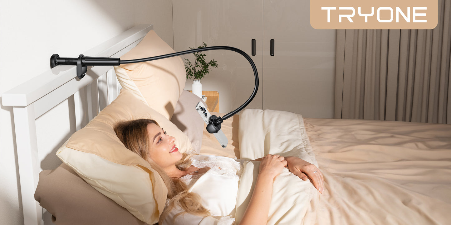 Tryone Gooseneck Phone Holder Stand for Bed Flexible Arm Adjustable Cell Phones Mount Clamp on Desk Bedframe Compatible with iPhone 14 Pro Max 13 12 11 X SE Series/Samsung S22 or Other 4"-7" Devices