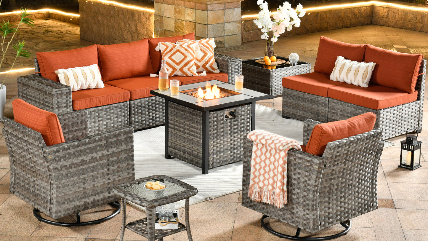 Outdoor Patio Sectional Furniture Sofa Set with Propane Fire Pit Table,13 Piece Large Modern Wicker Couch with Widened Armrest,Modular L Shaped Conversation Seating Set(Navy Blue)