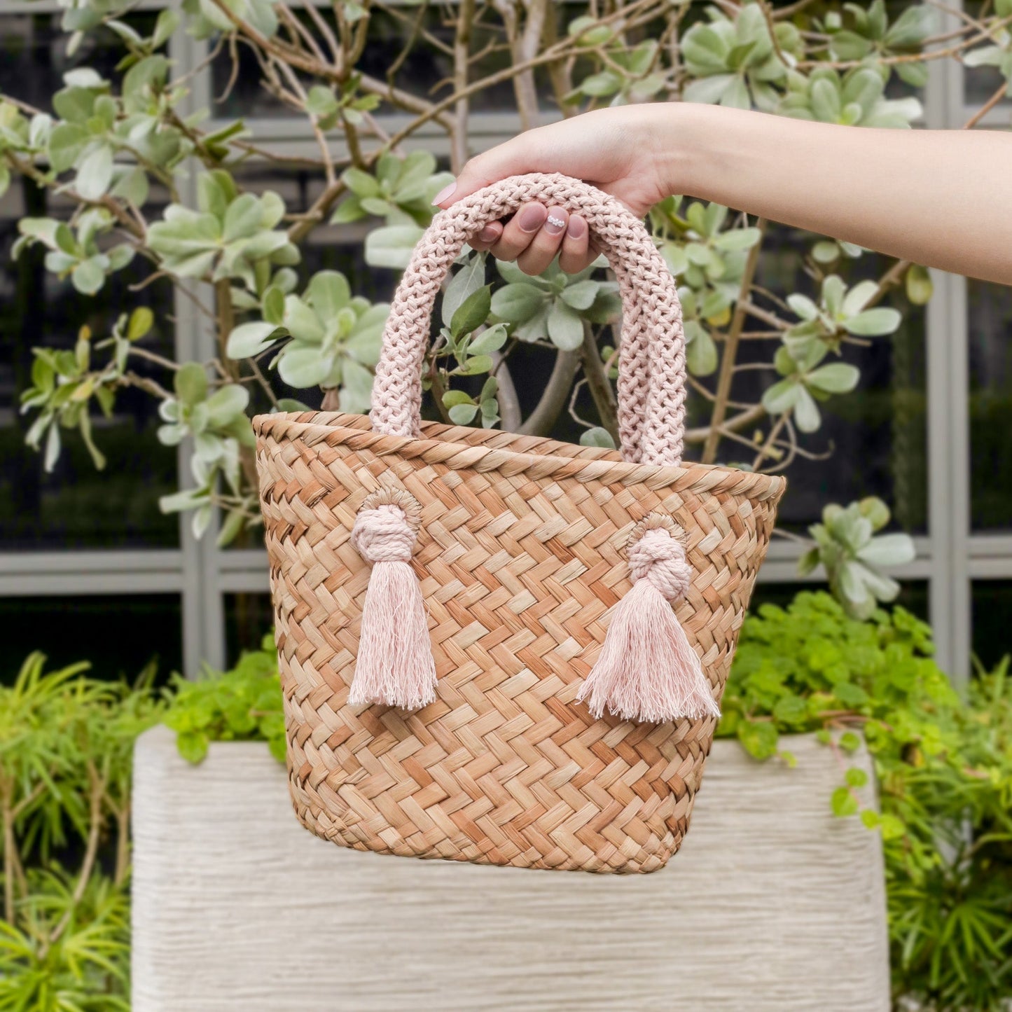 Dusty Rose Small Modern Woven Tote with Unique Handles - Straw Tote | LIKHA