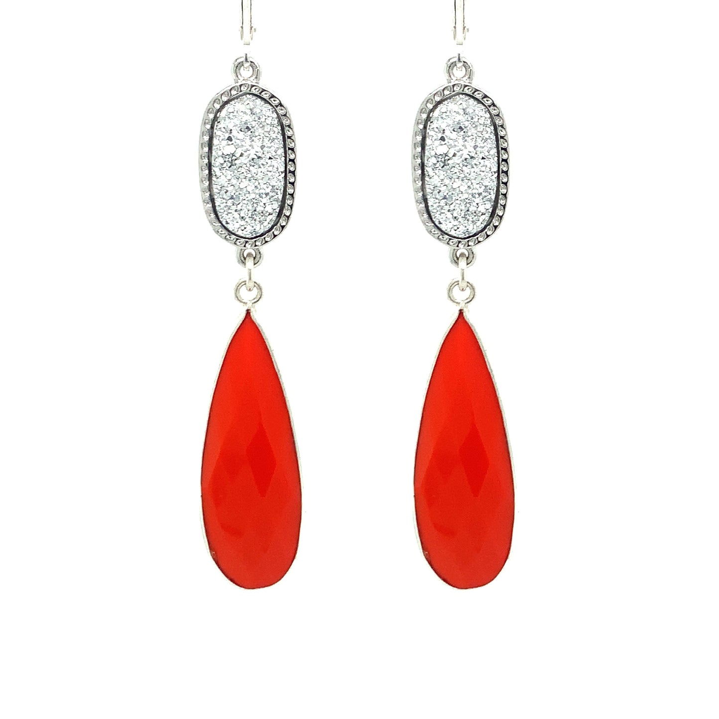Oval Druzy and Coral Quartz Regal Couture Earrings | Silver & Gold