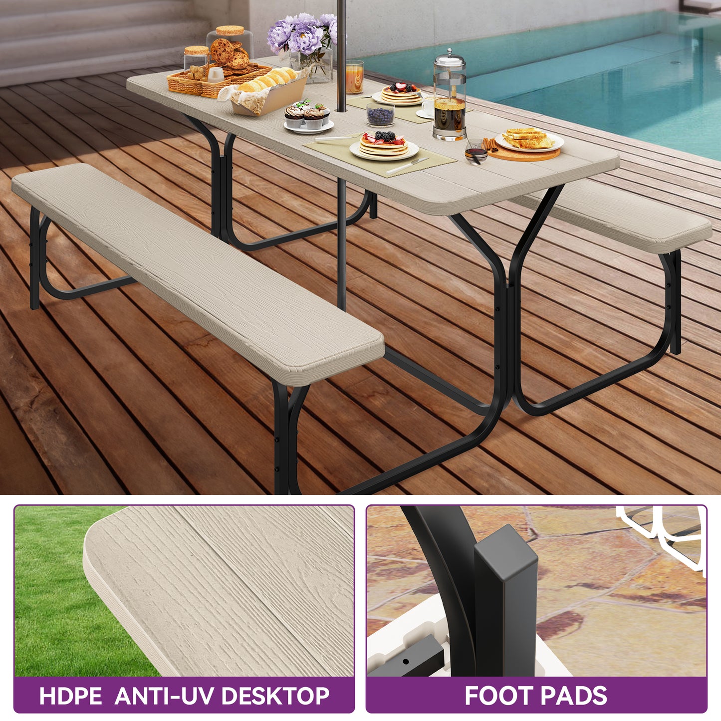 Dextrus Picnic Table Bench Set 6 ft Outdoor Camping with Umbrella Hole, Light Brown