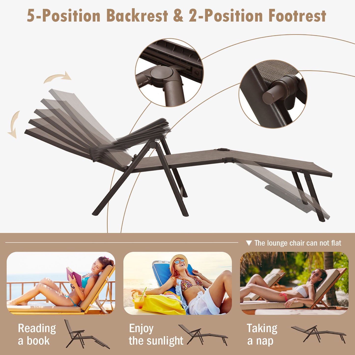 Gymax Set of 2 Outdoor Adjustable Chaise Lounge Chair Patio Folding Recliner Lounge Brown