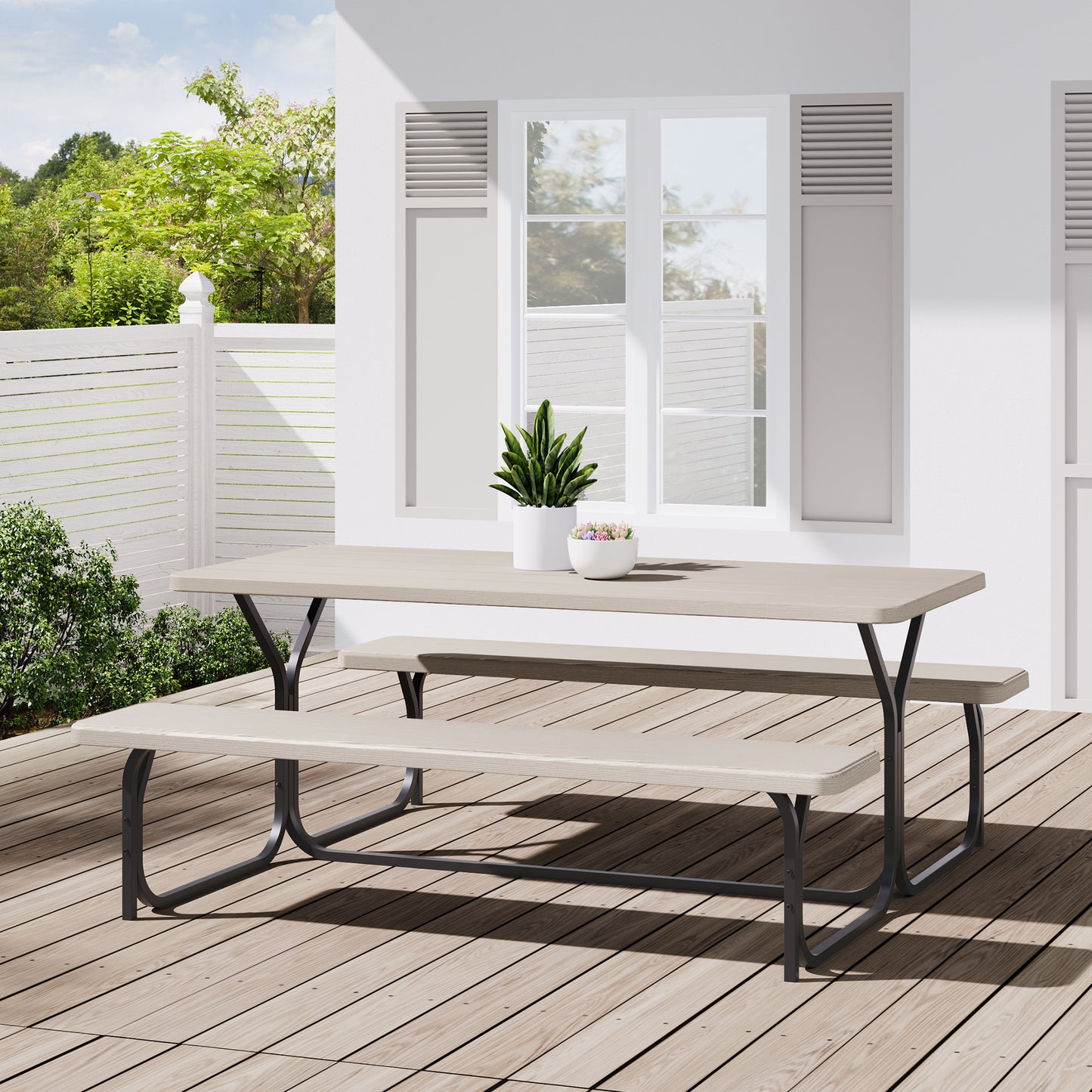 Dextrus Picnic Table Bench Set 6 ft Outdoor Camping with Umbrella Hole, Light Brown