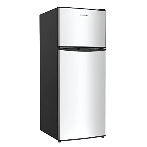 BANGSON Small Refrigerator with Freezer, 4.0 Cu.Ft, Samll Fridge with Freezer, 5 Settings Temperature Adjustable, 2 Doors, Compact Refrigerator for Apartment Bedroom Dorm and Office, Silver