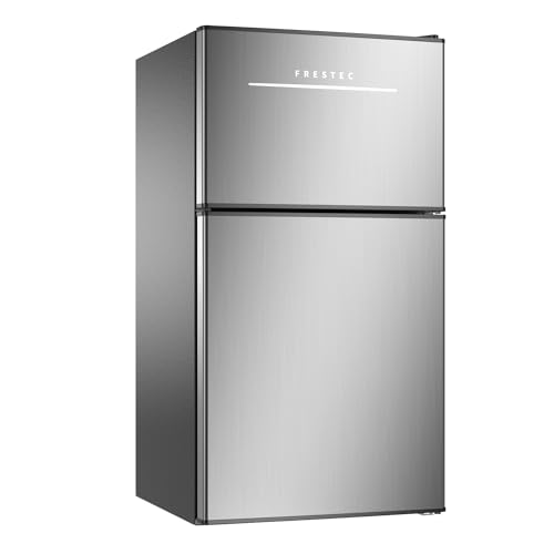 Mini Fridge with Freezer, 3.2 Cu.Ft Mini Refrigerator with 2 Doors, Compact Small Refrigerator for Dorm, Bedroom, Office, Energy Saving, 37 dB Low Noise, Stainless Steel