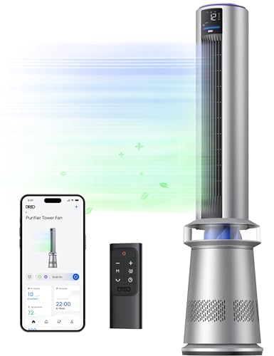 Dreo Air Purifier Tower Fan, 45" 2-in-1 Smart Fan for Bedroom, 27ft/s Velocity, 120°Oscillation, 24H Timer, APP Control Bladeless Fans for Home, 25dB Low Noise, Standing Fan Works with Alexa, MC710S