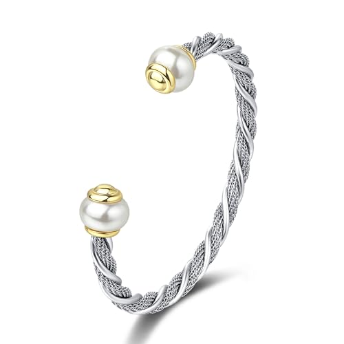 UNY JEWEL Stainless Steel Mesh Chain Fusion Twisted Cable Imitation Pearl Open Cuff Bangle Bracelet Women Jewelry Designer Inspired Christmas Gifts
