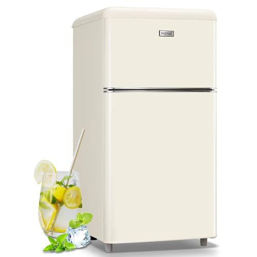 WANAI Small Refrigerator with Freezer 3.5 Cu.Ft Mini Fridge for Bedroom Dual Door Adjustable Shelves Dorm Refrigerator Suitable for Home Garage Office College Cream White