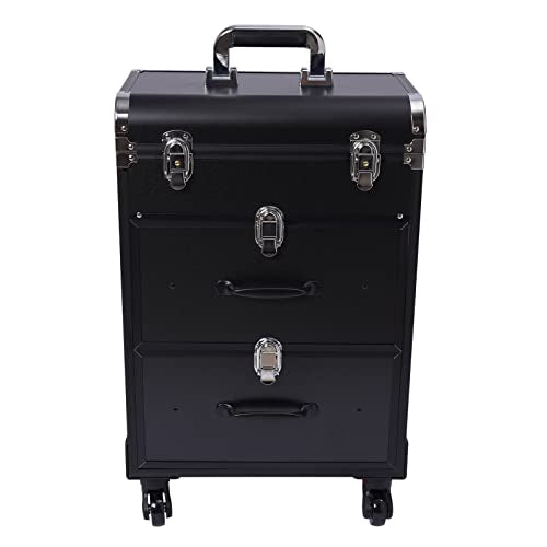 Rolling Makeup Case 3-Tier Cosmetic Trolley Case Large Professional Salon Storage Organizer with Adjustable Divider for Beauty Personal Care (Black)