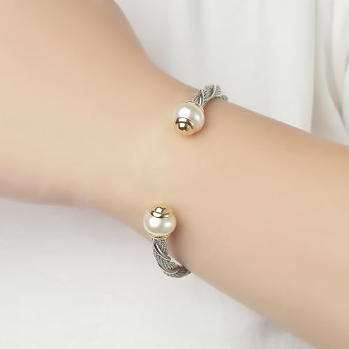 UNY JEWEL Stainless Steel Mesh Chain Fusion Twisted Cable Imitation Pearl Open Cuff Bangle Bracelet Women Jewelry Designer Inspired Christmas Gifts