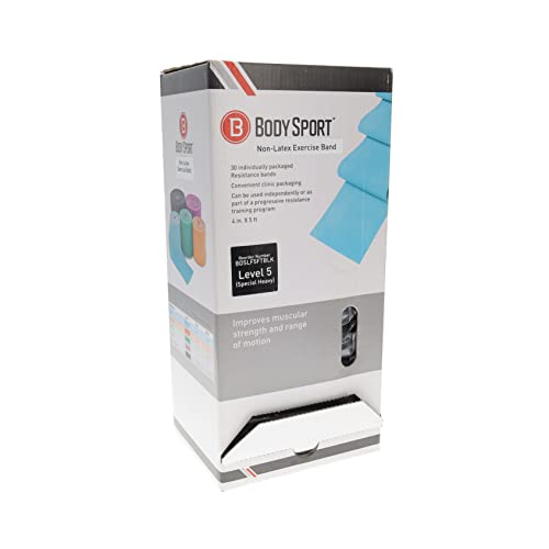 BodySport® Non-Latex Exercise Band, Precut, 30/Box, 4 in. x 5 ft., Professional Resistance Bands for Home Fitness & Gym Workouts & Rehab - For Stretching, Flexibility, Yoga, Pilates, Physical Therapy, & Recovery