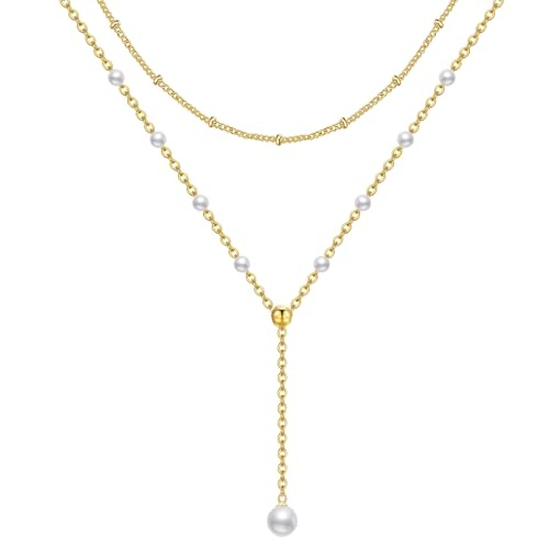 Harlorki Dainty Simple 925 Silver Plated Layered Link Chain Choker Artificial Plastic Pearl Pendant Necklace Fashion Jewelry Gift for Women Lady Girl