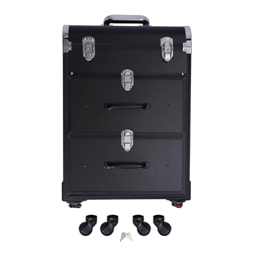 Rolling Makeup Case 3-Tier Cosmetic Trolley Case Large Professional Salon Storage Organizer with Adjustable Divider for Beauty Personal Care (Black)
