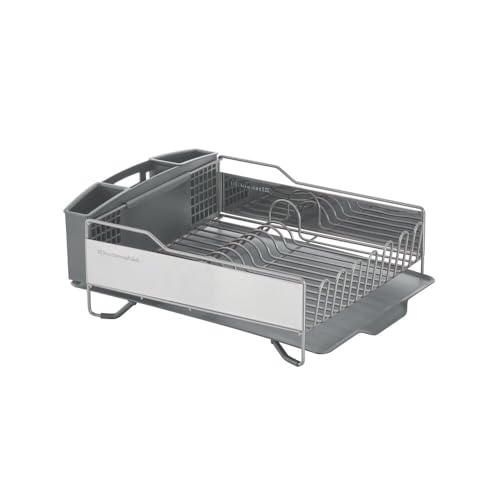 KitchenAid Large Capacity,Full Size, Rust Resistan Dish Rack with Self Draining Angled Drain Board and Removable Flatware Caddy, Light Grey, Gray