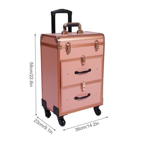 Rolling Makeup Case 3-Tier Cosmetic Trolley Case Large Professional Salon Storage Organizer with Adjustable Divider for Beauty Personal Care (Rose Gold)