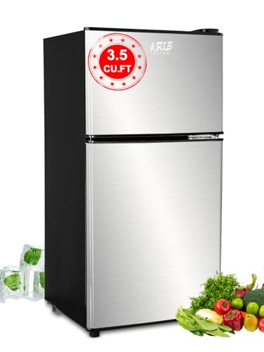 KRIB BLING 3.5 Cu.Ft Refrigerator 2 Door 7 Level Adjustable Thermostat Control Top-Freezer Refrigerator Lock Fresh Energy Saving Silver