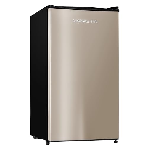 3.2 Cu. Ft Mini Fridge with Freezer for Bedroom, Dorm, Office, Compact Refrigerator with Adjustable Thermostat, Removable Glass Shelves and Reversible Door (Gold)
