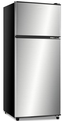 Anukis Compact Refrigerator 3.8 Cu Ft 2 Door Mini Fridge with Freezer for Apartment, Dorm, Office, Family, Basement, Garage - Silver