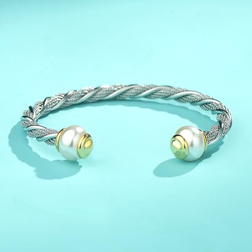 UNY JEWEL Stainless Steel Mesh Chain Fusion Twisted Cable Imitation Pearl Open Cuff Bangle Bracelet Women Jewelry Designer Inspired Christmas Gifts