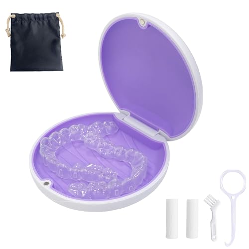Retainer Case,Cute Slim Aligner Case Compatible with Invisalign,Retainer Holder with Aligner Remover Tool, Chew & Brush,Rope Bag (White Shell Purple Silicone)