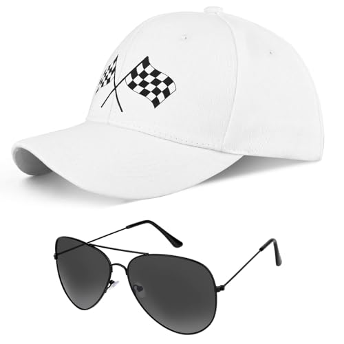 Baseball Cap and Sunglasses Checkered Flags Racing Hat for Men Women Halloween Race Car Driver Costume