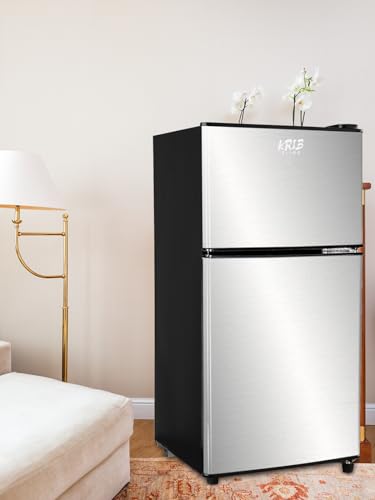 KRIB BLING Refrigerator with Freezer 3.5 Cu.Ft with 7 Level Adjustable Thermostat Control 2 Door Energy Saving Top-Freezer Compact Refrigerator Silver