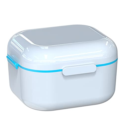 BVN Denture Case Denture Cup for Soaking Dentures Retainer Cleaner Case with Mirror Mouth Guard Case False Teeth Container White Blue