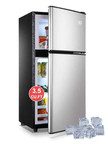 KRIB BLING Refrigerator with Freezer 3.5 Cu.Ft with 7 Level Adjustable Thermostat Control 2 Door Energy Saving Top-Freezer Compact Refrigerator Silver