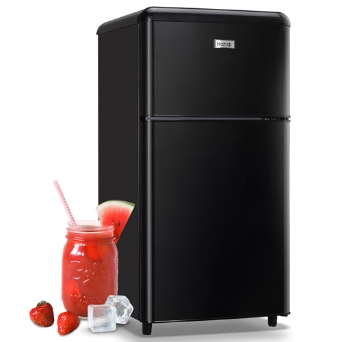 WANAI Small Refrigerator with Freezer 3.5 Cu.Ft Mini Fridge for Bedroom Dual Door Adjustable Shelves Dorm Refrigerator Suitable for Home Garage Office College Black