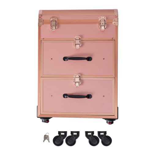 Rolling Makeup Case 3-Tier Cosmetic Trolley Case Large Professional Salon Storage Organizer with Adjustable Divider for Beauty Personal Care (Rose Gold)
