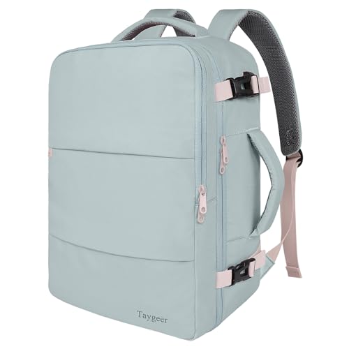 Taygeer Personal Item Backpack for Men Women, Travel Backpack Carry on Luggage Flight Approved with USB Charging Port & Shoe Pouch, Large Weekender Backpack Work Bag for Hiking Gift, Gray Powder