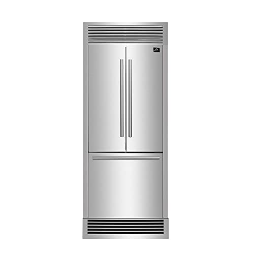 Forno 30 Inch French Door Refrigerator with Bottom Freezer 17.5 Cu.Ft. Capacity - Stainless Steel No Frost Fridge with Ice Maker, Child Safety Lock and Decorative Grill Trim kit