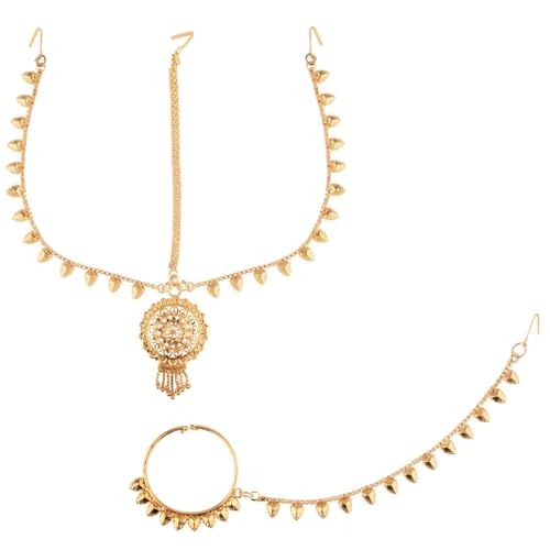 Efulgenz Gold Tone Indian Jewelry for Women Bridal Hair Jewelry for Women Dubai Style Matha Patti with Indian Nose Rings Hoop with Chain Nath Nathni Nose Pin Stud Fake Septum Ring Gold Tone Floral Maang Tikka Headpiece Hair Accessories