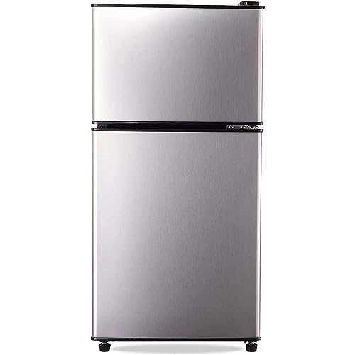 Two Door Mini Fridge with Freezer 3.4 cu.Ft, 7 Level Adjustable Thermostat for Dorm, Office, Bedroom, Apartment - Silver