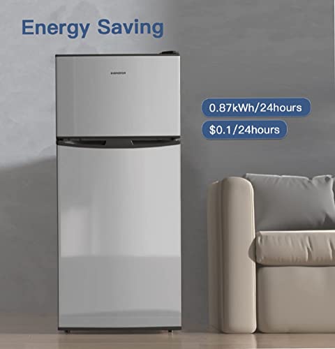 BANGSON Small Refrigerator with Freezer, 4.0 Cu.Ft, Samll Fridge with Freezer, 5 Settings Temperature Adjustable, 2 Doors, Compact Refrigerator for Apartment Bedroom Dorm and Office, Silver