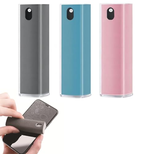 3-in-1 Touch Screen Cleaner Spray - Portable & Reusable Anti-Fingerprint Cleaning Solution for Mobile/Laptop/TV/Car Screens - Set of 3 Bottles (Grey, Blue & Pink)