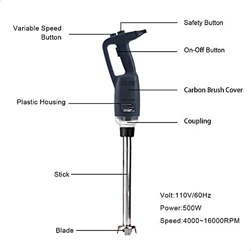 12 in Heavy Duty Immersion Blender Handheld Kitchen, Hand Blenders for Kitchen, Commercial Mixer Electric, 500W Detachable Shaft Adjustable Variable Speed, Emulsifier Blender Handheld