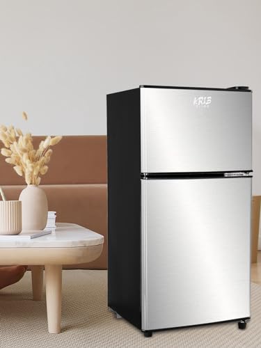 KRIB BLING Mini Fridge With Freezer,3.5 Cu. Ft Refrigerator With 2 Doors,7- Level Adjustable Thermostat, Removable Glass Shelves For Bedroom, Office, Kitchen, Apartment, Dorm, Silver