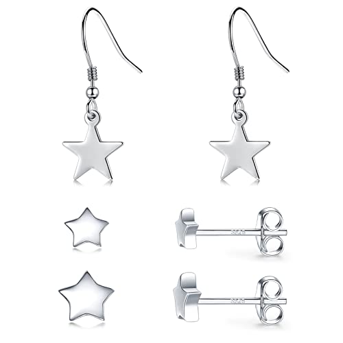 3 Pairs 925 Sterling Silver Star Stud Earrings for Women,Tiny Simple Geometric Stud Earrings Set Small Hypoallergenic Cartilage Tragus Ear Jewellery for Men Girls (3/4/5mm)