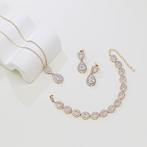 UDYLGOON Cubic Zirconia Crystal Bridal Jewelry Set for Bride Bridesmaid Wedding Prom Teardrop Necklace Earrings Bracelet Jewellery Set