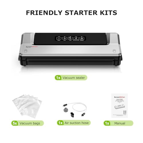 Bonsenkitchen Vacuum Sealer Machine, Fast-Compact Food Sealer, Globefish Technology for High-Speed Continuous Working, Multi-Functional Food Vacuum Sealer with Vacuum Bags & Accessory Hose, Silver