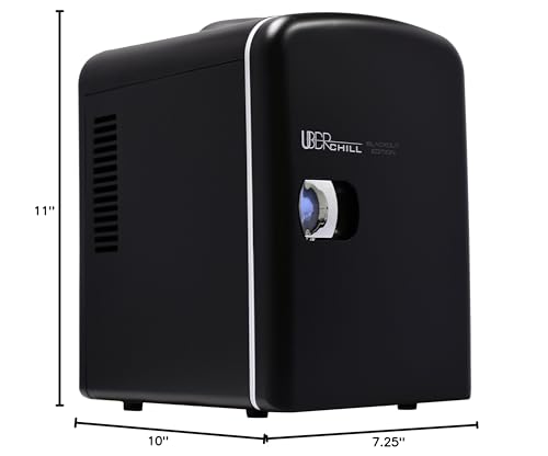 Uber Appliance UB, CH1 Uber Chill Mini Fridge 6, can portable Thermoelectric Cooler and Warmer Mini Fridge for Bedroom, Office or Dorm, Blackout Matte Black with Blue LED Fan