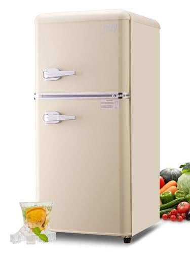 KRIB BLING 3.5 Cu.ft Compact Refrigerator, Mini Fridge with Freezer, Retro Design Small Refrigerator with 2 Door, 7 Level Thermostat for Home, Office, Dorm or Apartment, Cream white